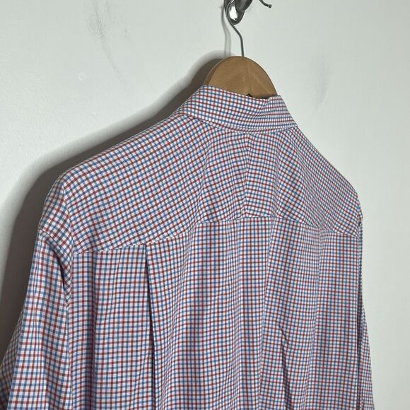 J McLaughlin Button Up Microplaid Shirt Red White Blue Mens L Preppy Americana - Picture 8 of 8